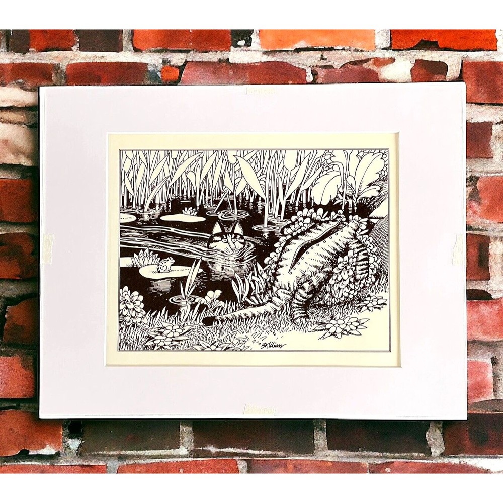 VTG B Kliban Art Print 1977 Funny Cats Rare Calendar Lithograph 14"x 11" August
